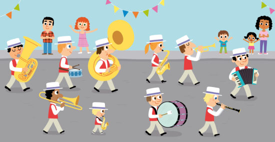 Fanfare des musiciens, illustration pour livre jeunesse, édition Larousse